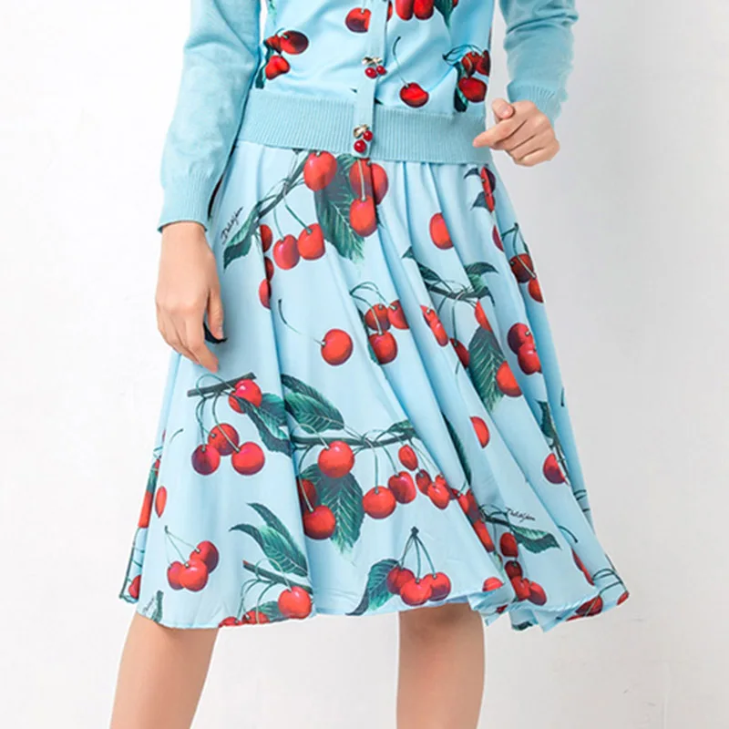 Skirt AELESEEN сладкий с фруктовым принтом костюм-двойка Хай-стрит Вязание пуговица "ВИШЕНКА" пуловер, свитер, топ+ элегантное миди-юбка из шифона, комплект - Цвет: Skirt
