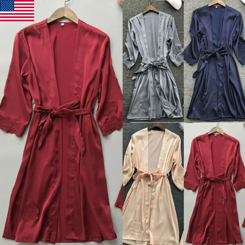 

Solid Color Women Soft Satin Silk Lace Robe Dress Ladies Female Gown Kimono 2020 Hot Nightdress Summer Long Sleeve Sleepwear