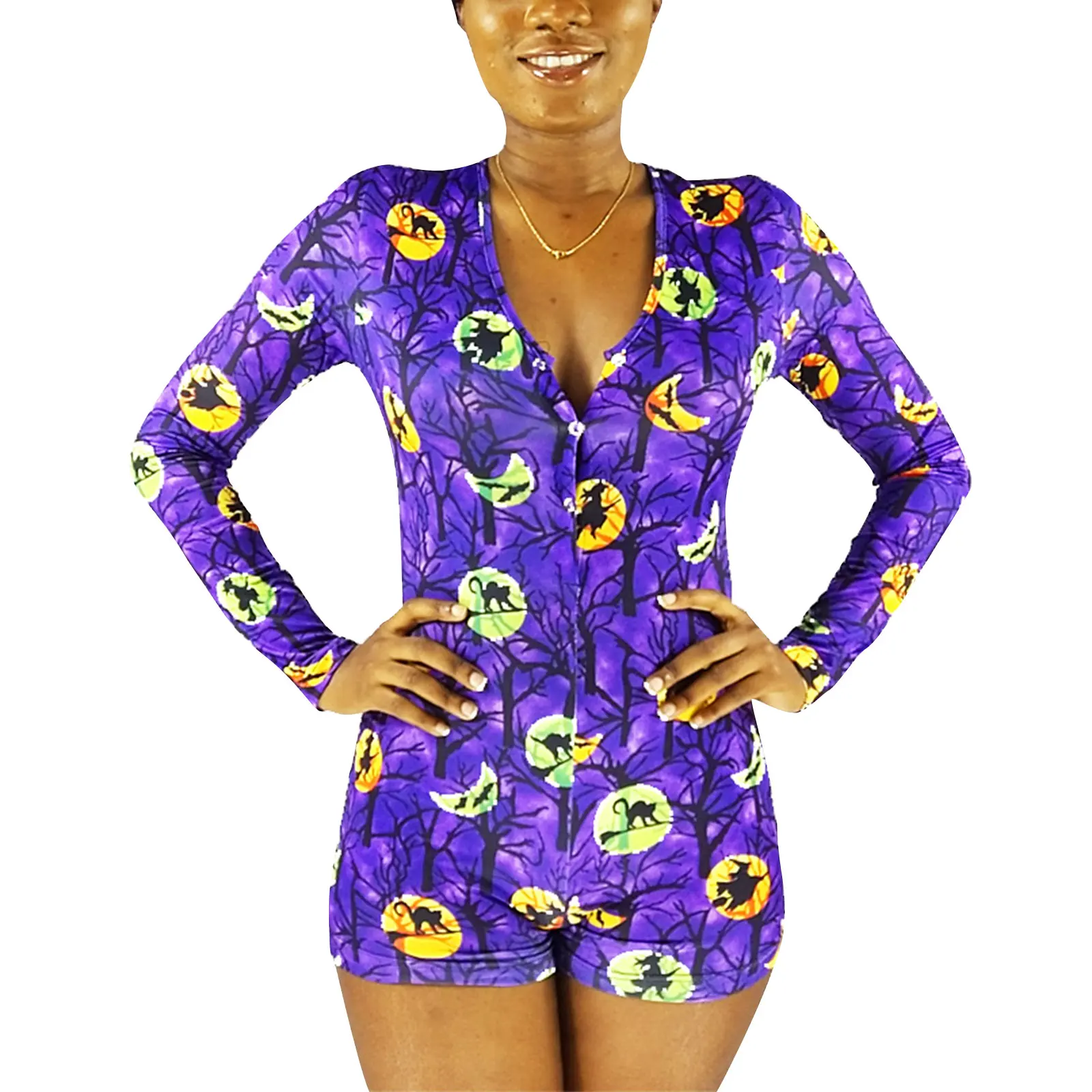 

Женская лампочка, пижамы-комбинезоны, с рисунком тыквы, с длинным рукавом, шорты для сна