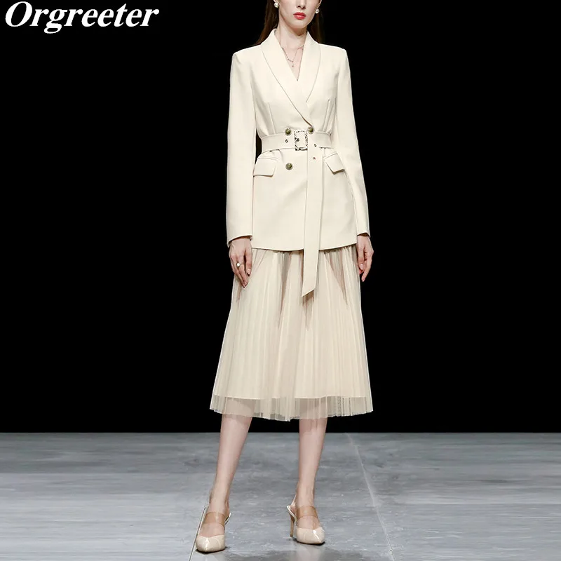 

Temperament Women's Clothes Autumn New Solid Blazer +Sexy Strapless Satin Patchwork Mesh Dress Two piece set Women Outwear Sets