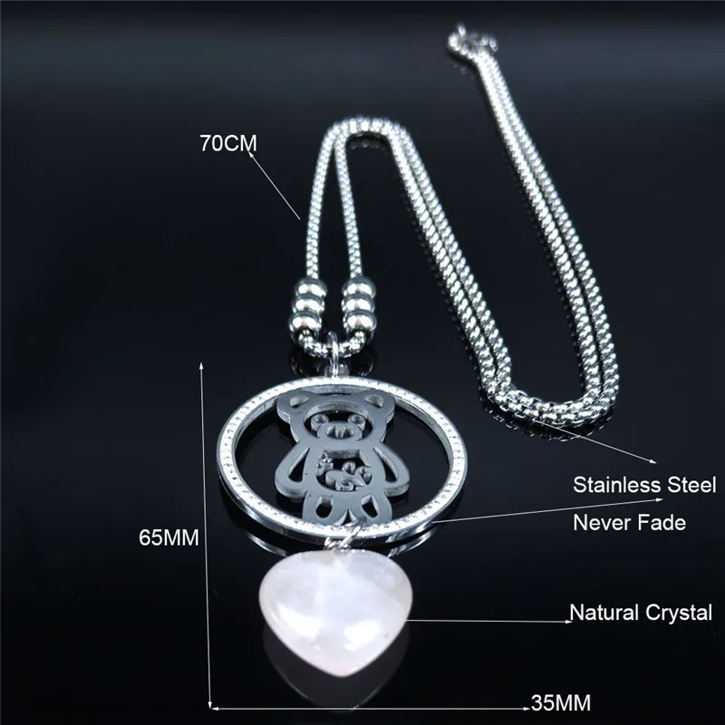 

Bear Pink Heart Crystal Stainless Steel Long Necklaces Women Silver Color Long Necklace Chain Jewelry bijoux femme N112S04