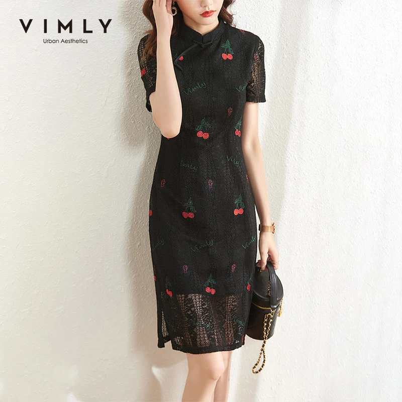 

VIMLY Cheongsam For Women Summer Chinese Style Embroidery Dresses Elegant Floral Dress Women's A Line Long Dress Vestidos F7828