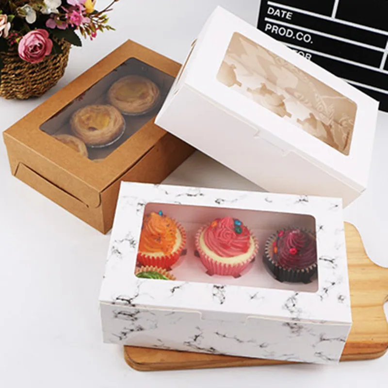 

10Pcs 2/4/6 Cavities Marbling Cupcake Boxes and Packaging Cake Cookie Boxes with Window Muffin Dragees Holder Dessert Containers