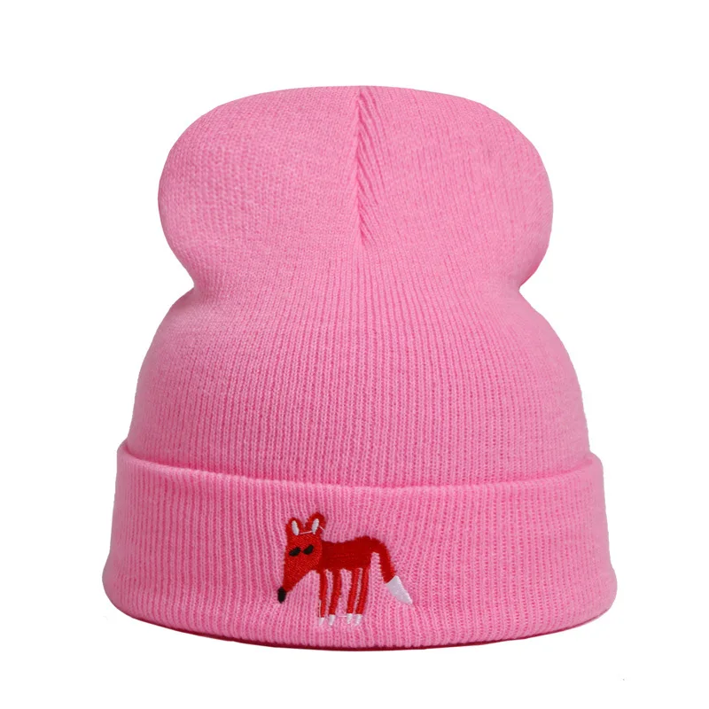 

New Winter Women Beanies Cap Fox Embroidery Outdoor Warm Crochet Skullies Hat Autumn Knitted Women Hat