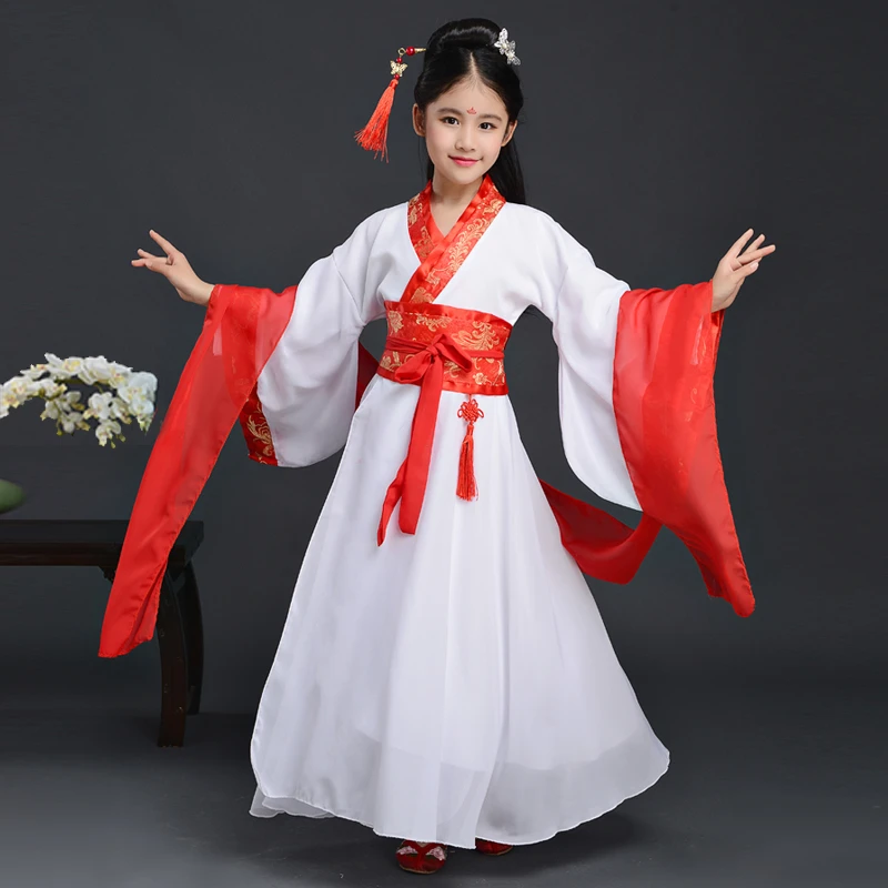 Red Традиционная китайская одежда для девочек, Hanfu, платье с длинными рукавами, для сцены, праздника, наряд принцессы, древние костюмы - Цвет: Red