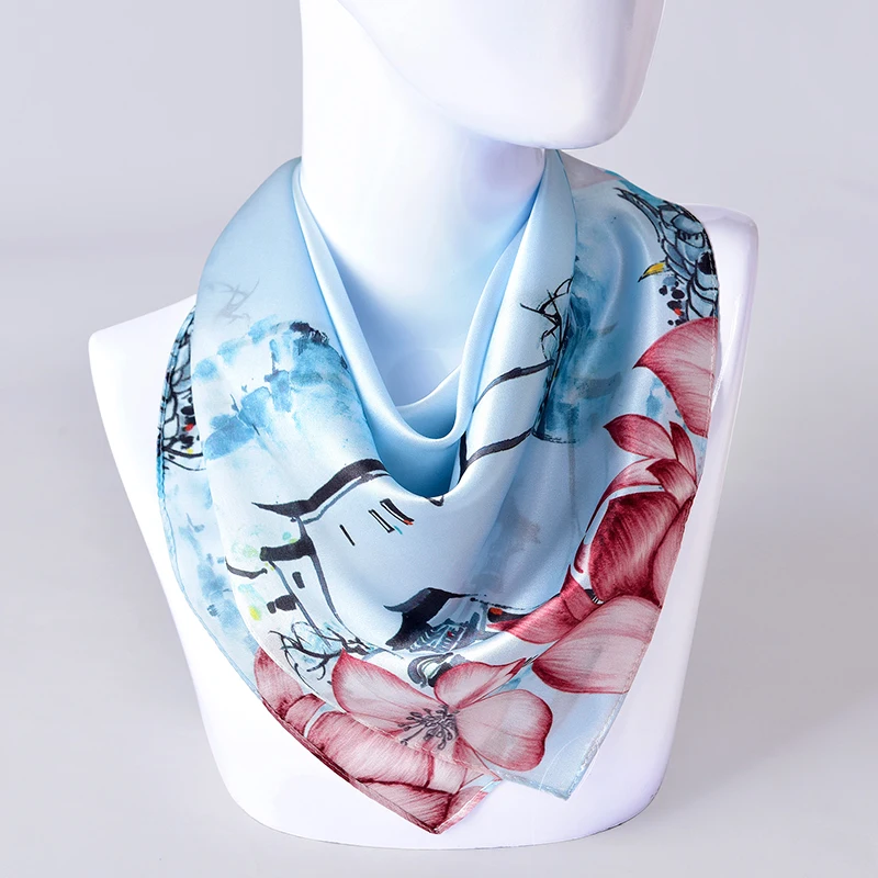 

65*65cm Square Silk Neckerchief Hangzhou Silk Kerchief Wraps for Ladies Printed Bandana 100% Nature Satin Silk Square Neck Scarf