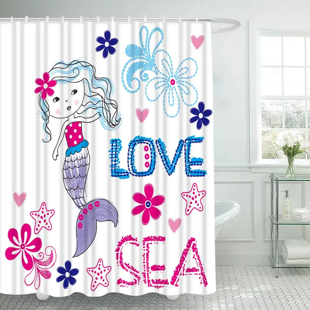 

Mermaid Shower Curtain With Hooks for Bathroom Cute Mermaid Waterproof Polyester Bath Shower Curtain Set Home Bathroom Decor