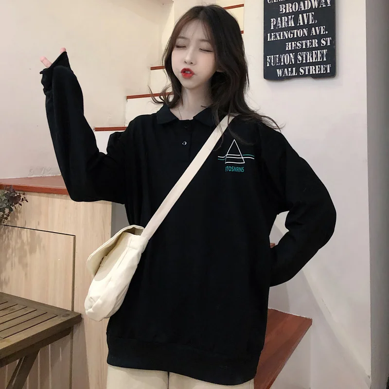 Черный Letters Printed Polo Shirt Women Long Sleeve Autumn Winter New Loose Casual Printing Lapel Shirt Lady Black Grey Bottoming Tops - Цвет: Черный