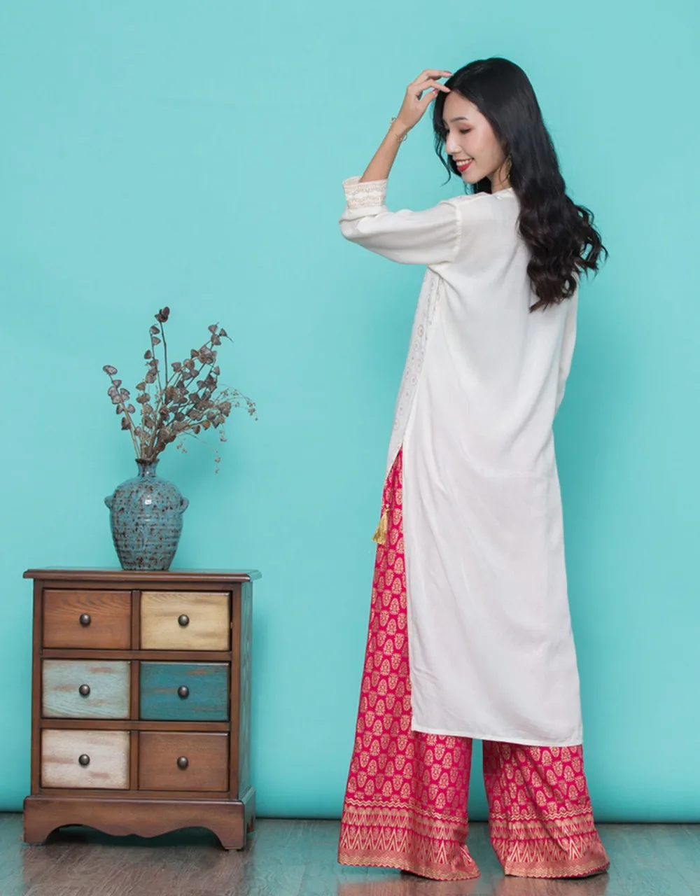 Новые женские модные комплекты в этническом стиле хлопок печати Индии Kurtas три четверти рукав длинный топ брюки