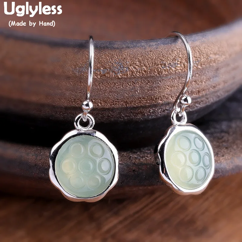 

Uglyless Natural Jade Lotus Earrings for Women Vintage Handmade Lotus Flower Earrings Glossy 925 Silver Brincos Fine Jewel E1512