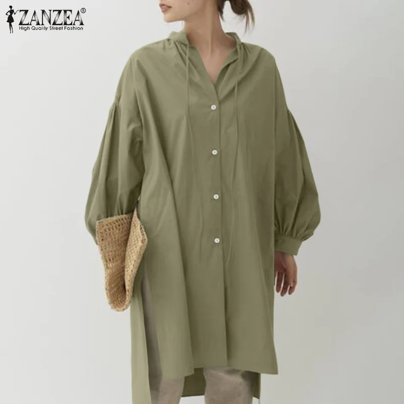 

ZANZEA Fashion Women Autumn Long Lantern Sleeve Solid Shirt Casual Split Hem Blouse Loose Buttons Blusas Femininas Long Tops