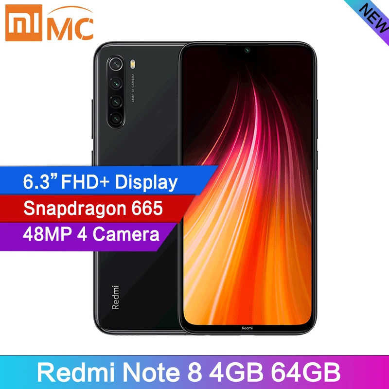 Смартфон Xiaomi Redmi Note 8 с четырехъядерным процессором 48 МП, 4 Гб ОЗУ, 64 Гб ПЗУ, Восьмиядерный процессор Snapdragon 665, FHD экран 6,3 дюйма, мобильный телефон