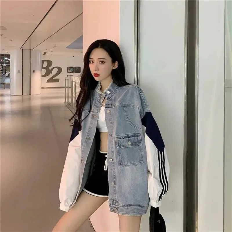 

New Patchwork Big Loose Denim Jackets Contrast Color Long Sleeve Midi Women Outerwear Large Size Boy Friend Style Cowboy Coats