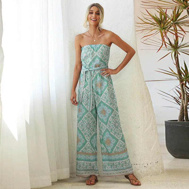

Summer Sexy Breast-wrapped Jumpsuit Woman Digital Print Tied Wide Loose One-Piece Wide-Leg Trousers 2021 Street Casual Clothing
