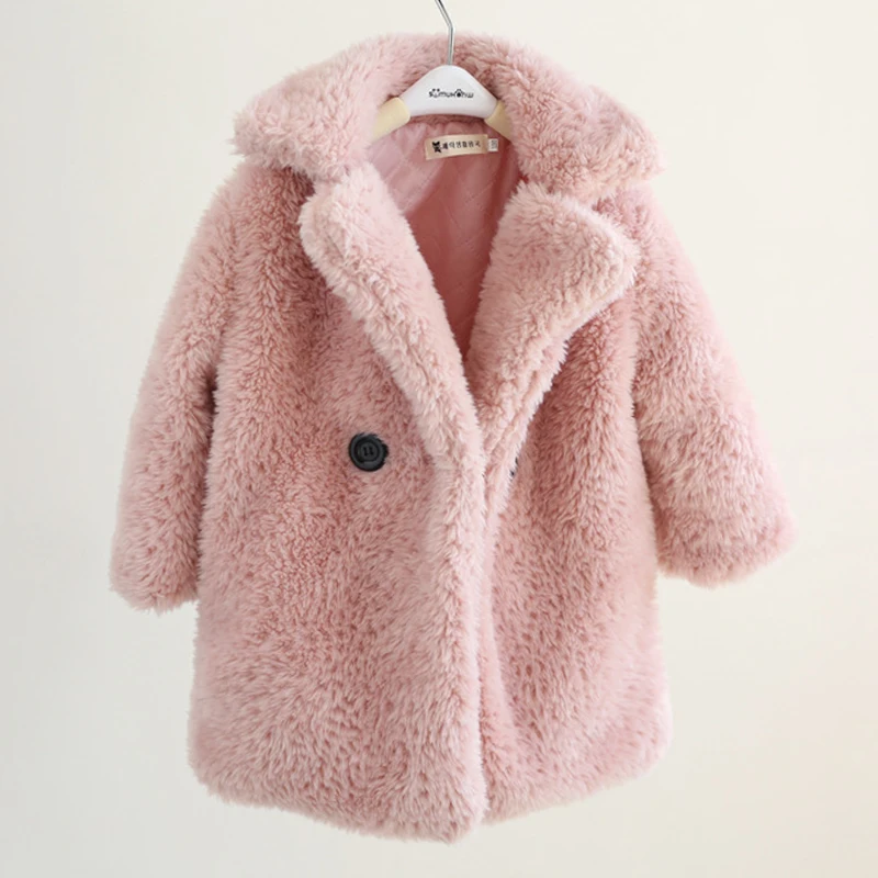 pink Зимнее пальто для девочек; пальто с искусственным мехом; элегантная теплая куртка с отложным воротником для малышей; длинное пальто для девочек; детская верхняя одежда - Цвет: pink