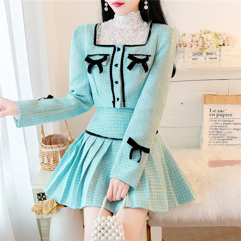 Женский твидовый костюм-двойка SWEETXUE со складками с квадратным вырезом и бантом