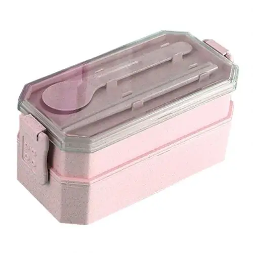 Розовый 2Tier Portable Wheat Straw Kids Lunch Box for Kids Food Container Lunchbox Case Storage Organizer Bento Box Food Box Container - Цвет: Розовый