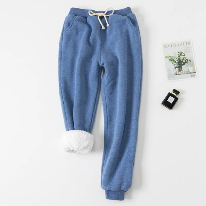 Зимние женские длинные брюки теплые толстые из шерсти ягнёнка кашемир шаровары