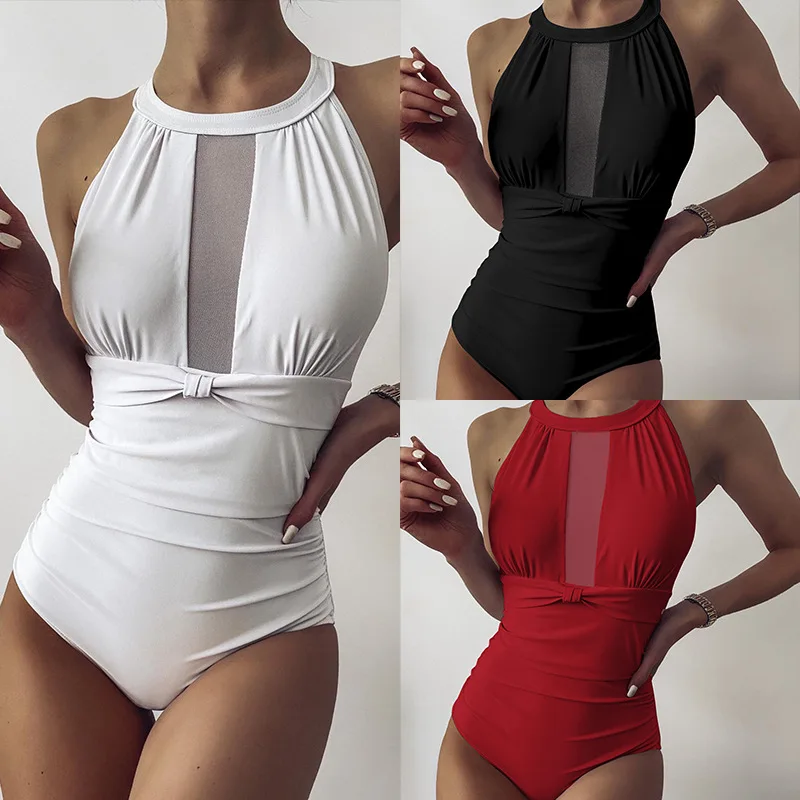 

2021Sexy Mesh Cut Hollow Out Swimsuit Women One Piece Swimsuit Push Up Halter High Neck Swimwear Solid Swim Bath Suit Monokini