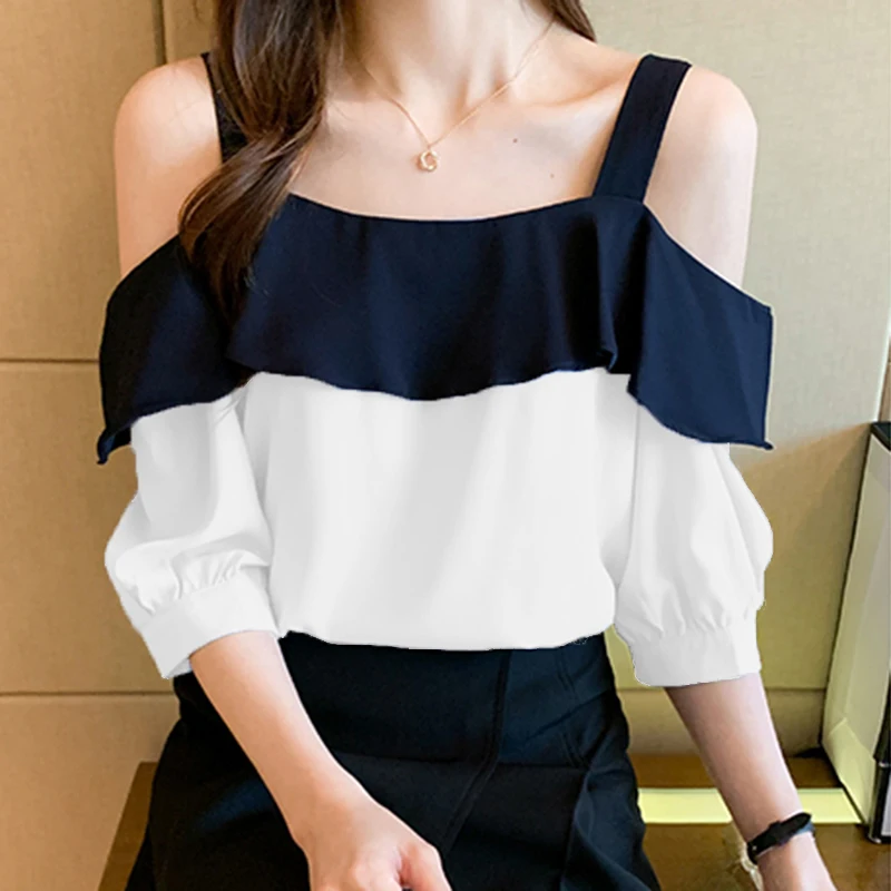 

Off Shoulder Tops Ladies One Shoulder Short Sleeve Summer Blouses Fashion Woman Korean Casual Ruffles Chiffon Shirts Women 15335