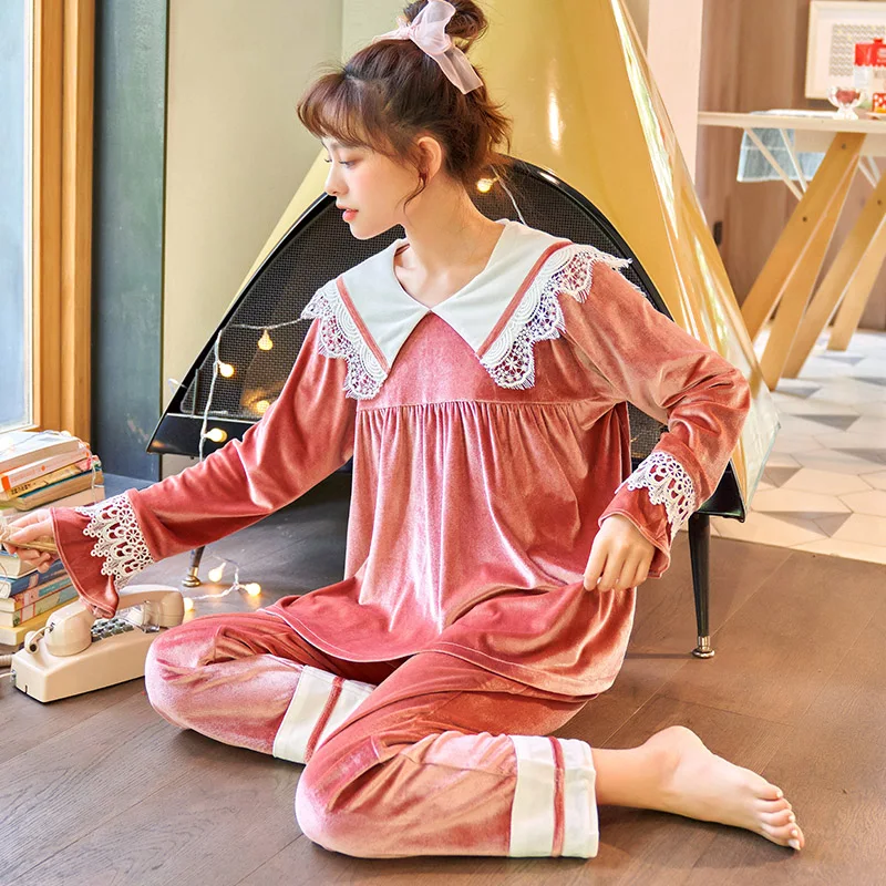 

JRMISSLI Women Plus Size Pajama Set Autumn Winter Long Sleeve Lace Princess Sleepwear Pyjamas Nightwear Home Clothes