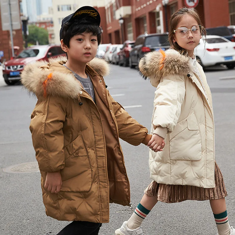 

Children's Winter2019 Down Suit Fashion Girls Jacket Warm Thick Fur Collar Long Clothing Hooded Coat Baby Boy Clothes