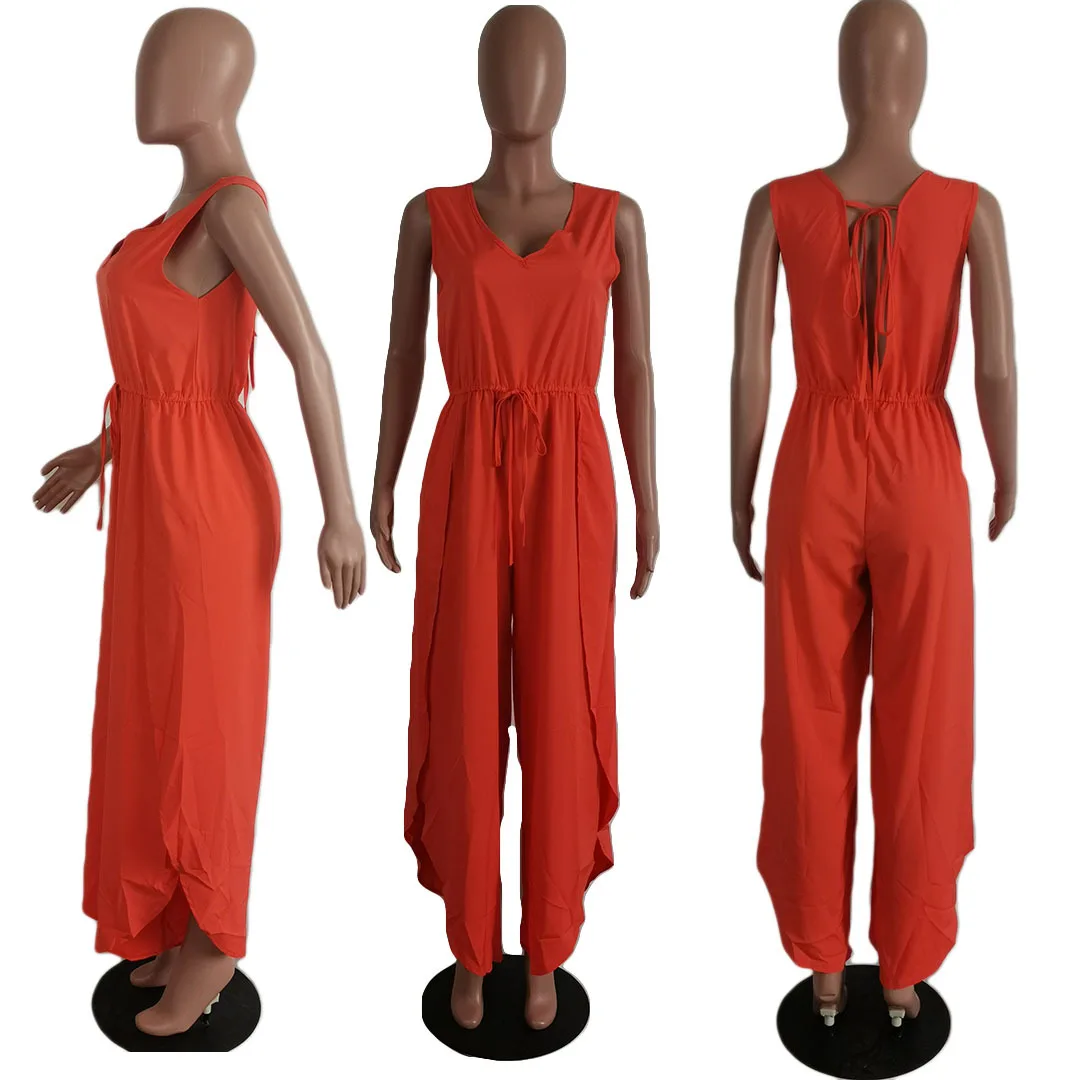 

Sleeveless V-neck Lace Up Backless Jumpsuit Wide Leg Split Pants Rompers Plus Size Sexy Overalls Belt Summer Outfits