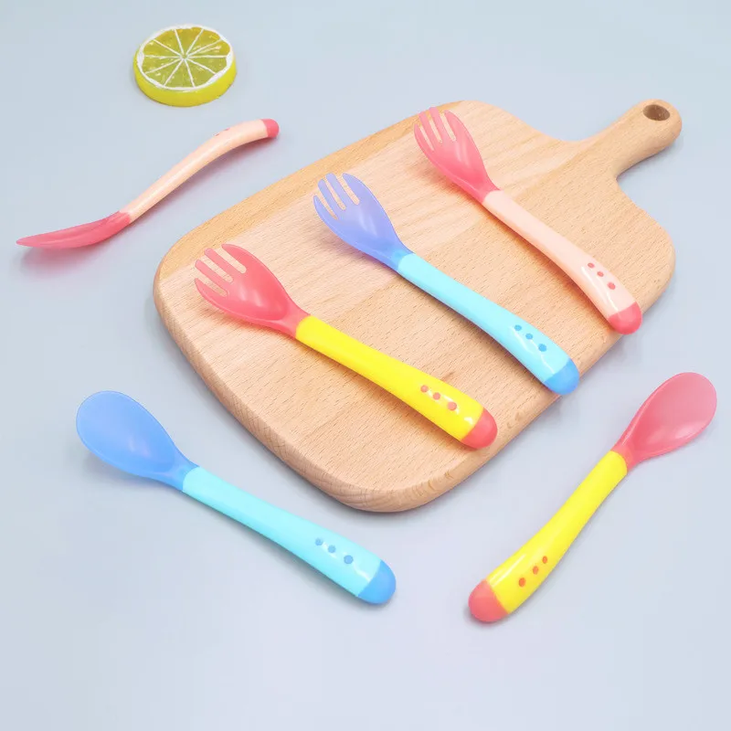 Silicon Temperature Sensing Spoon &amp Fork for Baby Safety Infant Feeding Tools Kids Children Toddler Flatwares Individual Package | Мать и