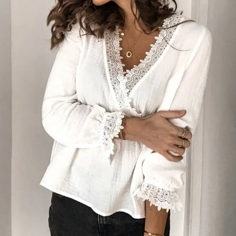 Hirigin Fashion Women T-shirts Lace Cross V Neck Long Sleeve Tops Female Casual Loose Streetwear Plus Size | Женская одежда