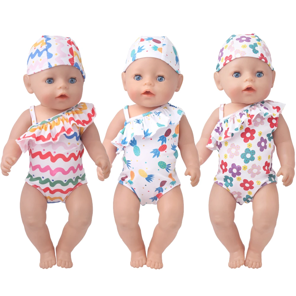 

43 Cm Boy American Dolls swimwear Print Halter One-piece Swimsuit Cap Newborn Baby Toys Accessories Fit 18 Inch Girls Doll f889