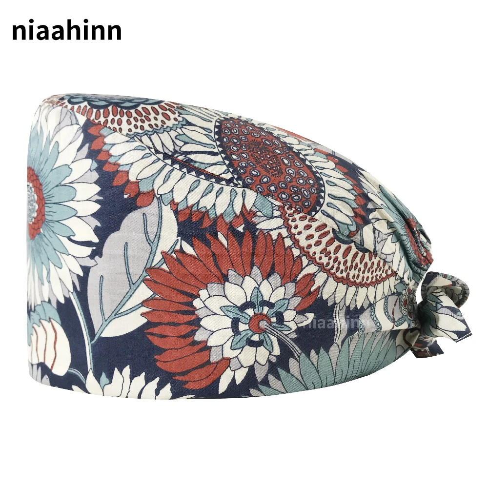

Unisex Adjustable Pet Hospital Veterinary Work Cap Floral Printing Tooth Health Check Doctor Cap Nutritionist Dustproof Work Hat