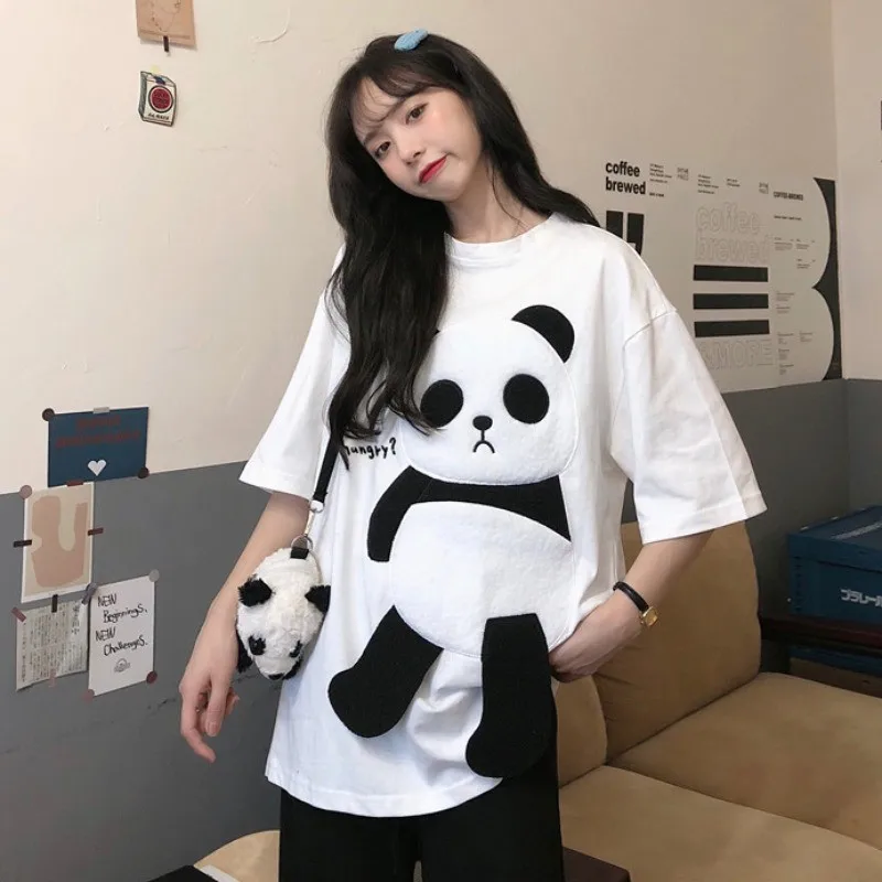 

Japanese Style Round Neck Short Sleeve T Shirts Women 2021 Summer Cotton Hairy Kawaii Panda Embroidery Tops Harajuku Tshirt Tee