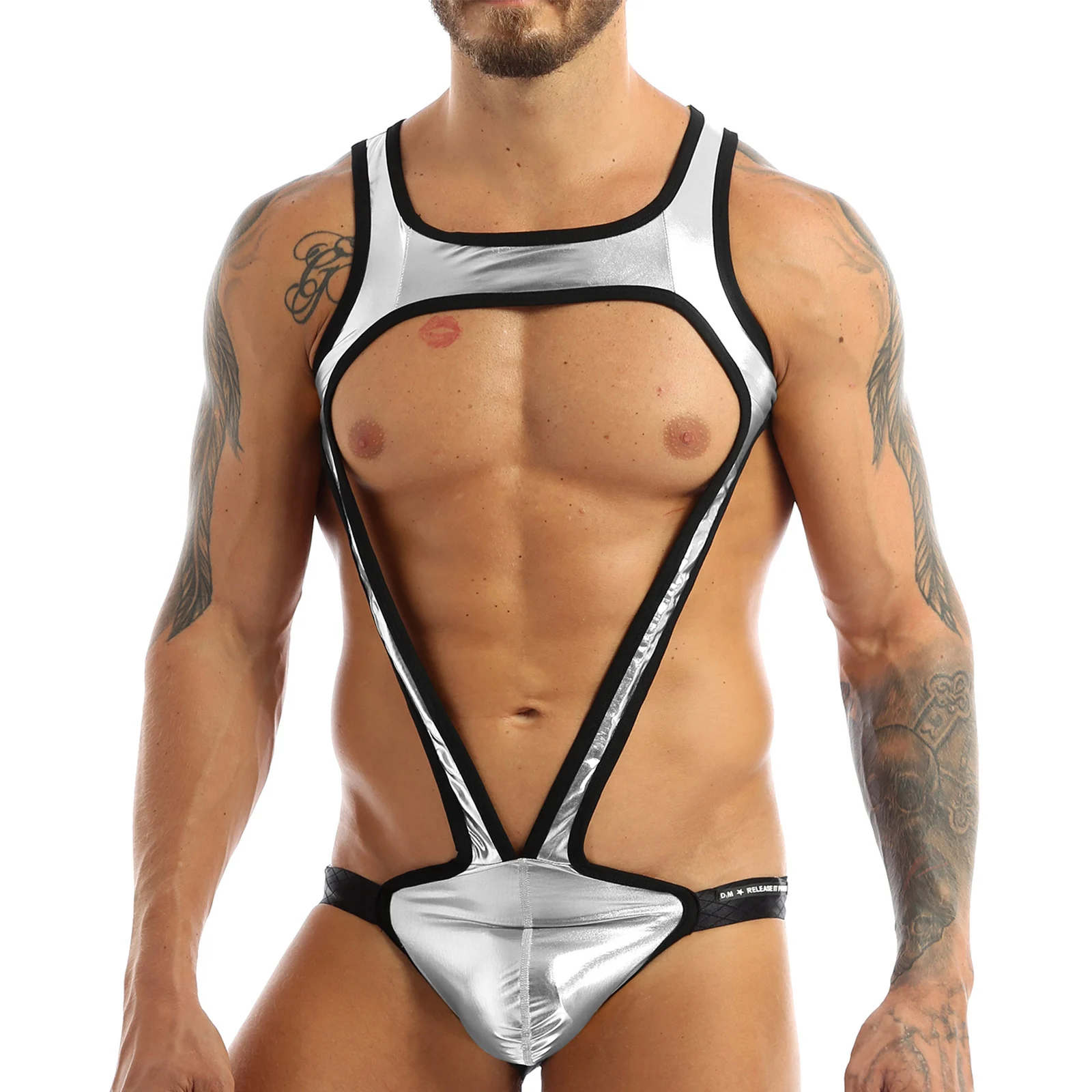 

Mens Gay Shiny Metallic Straps Bulge Pouch Jockstrap Wrestling Singlet Mankini Bodysuit Underwear Body Latex Costumes Clubwear