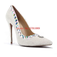 crystal pointed toe wedding shoes bride fashion party heels pumps woman white pearl thin heel shoes 11cm genuine leather pumps
