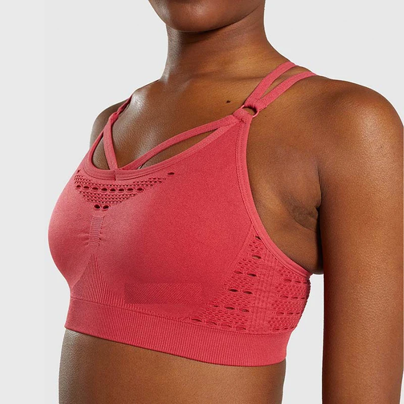 Red SALSPOR Women Shark Seamless Sport Bra High Elastic Hollow Yoga Bra Push Up Fitness Underwear Quick Dry Running Gym Tank Top - Цвет: Red