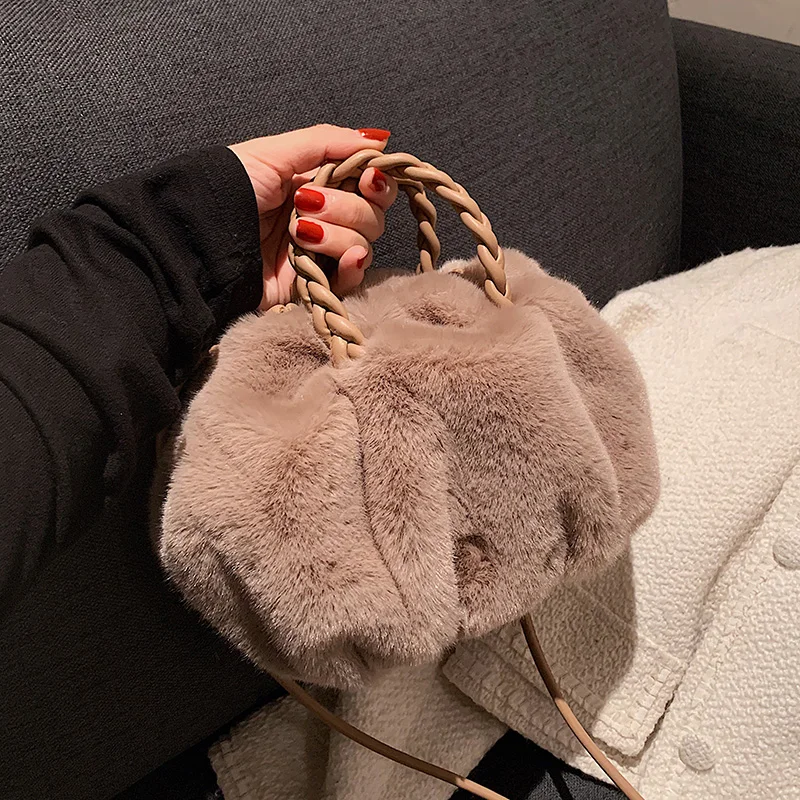 RIGHTSIDE Rope Handle Faux Fur Small Totes for Women Winter Designer Crossbody Bags Travel Branded Trendy Shoulder Handbag