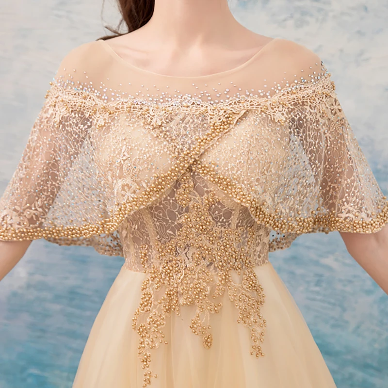 

Gold Evening Dress Illusion A-Line Cut-out Ruffles Beading Embroidery Lace Tulle Floor-Length Elegant Women Formal Dresses TS147