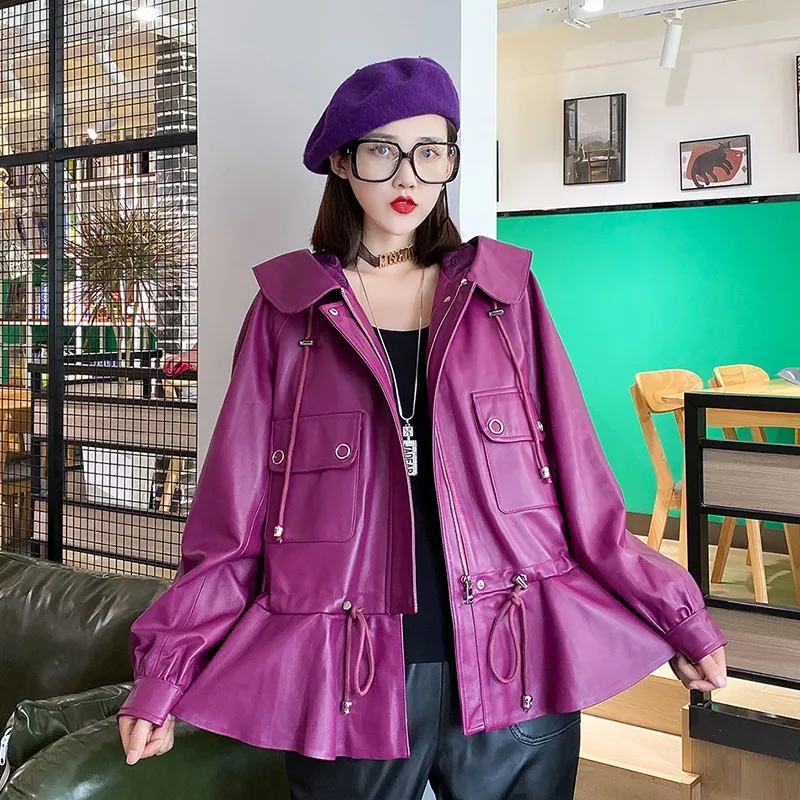 

Sweet Doll Collar Autumn Ruffle Hooded Sheepskin Coat Women Casual Genuine Leather Jacket Loose Fit Zip Fashion Female Outerwear