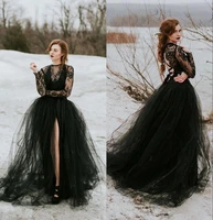 black lace tulle gothic wedding dress with long sleeves sexy sheer top slit skirt women non white bohemian bridal gown