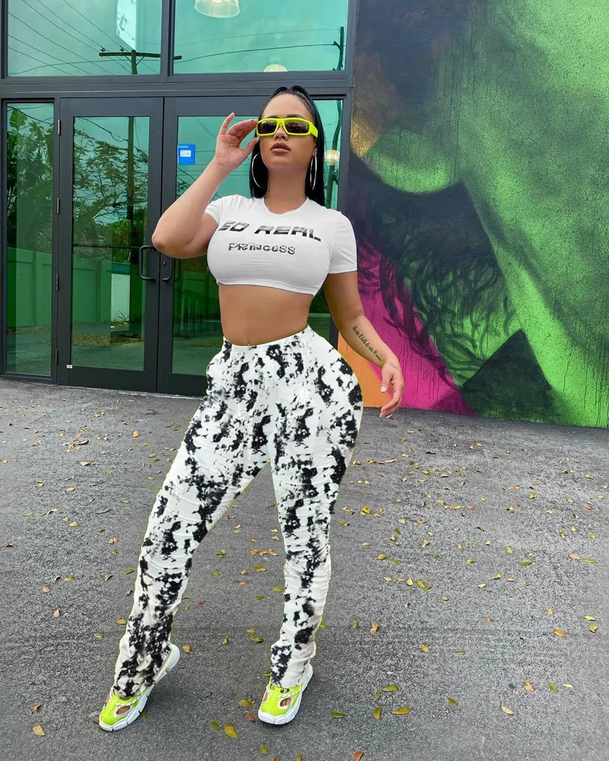 

2020 Newon Tie Dye Print Drawstring Pleated Leggings Classic Streetwear Women High Waist Long Pants Femme Pocket Trousers