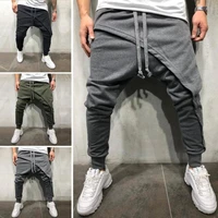 75 new arrival sporty men solid color drawstring asymmetric double layer long running pants