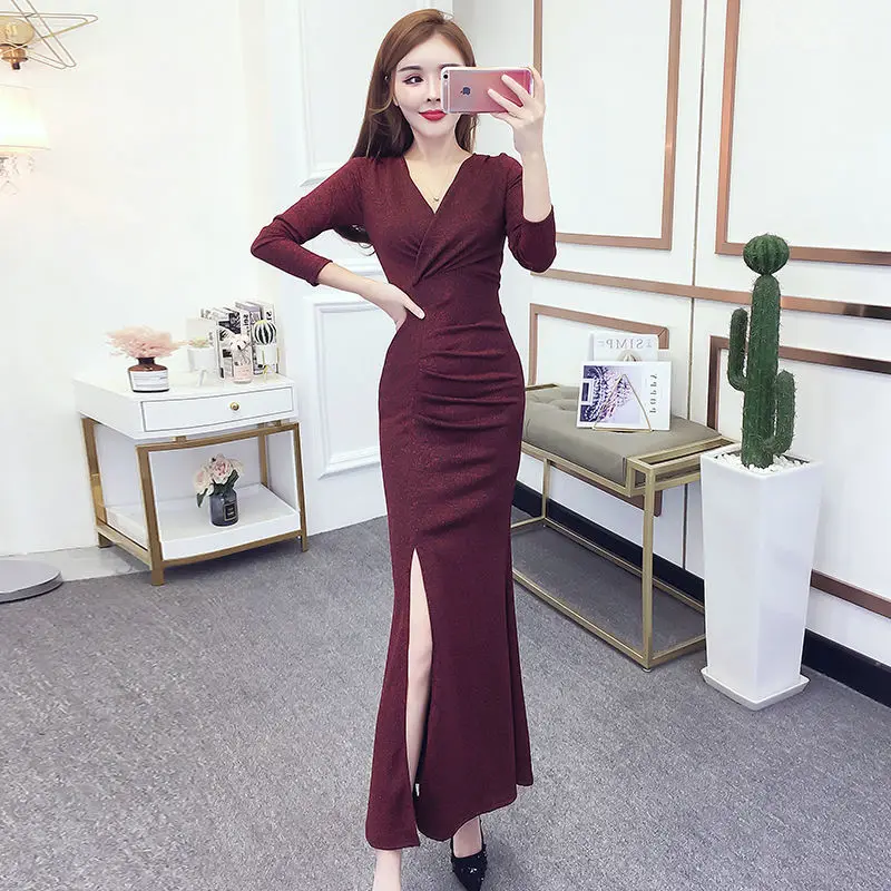 

Women 2021 Spring Autumn New Fashion Vintage Dress Female Elegant Temperament Long Sleeve V-neck Pencil Dresses Vestidos Z289
