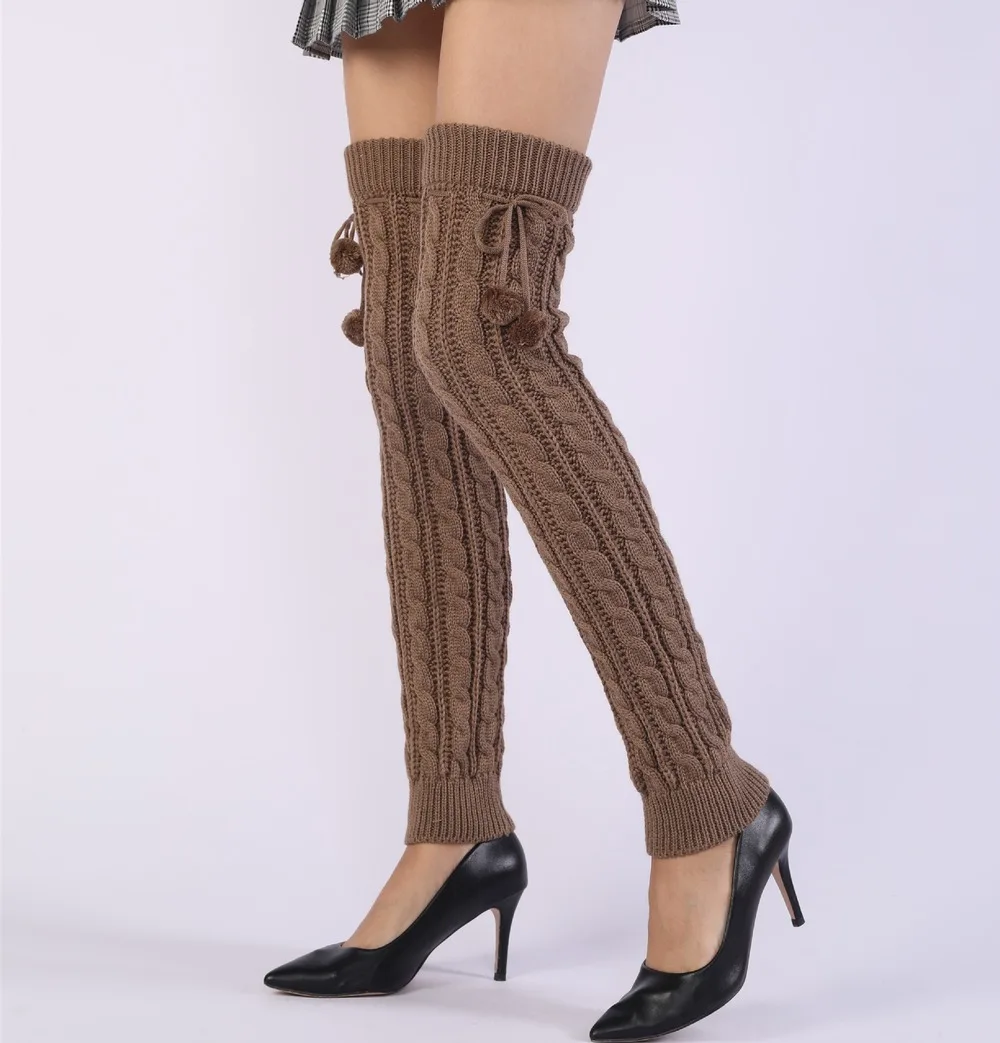 

Japanese Women's Spring Winter Knitted Twist Lengthened Over Knee with Ball Wool Warm Cover Pile Socks Leg Warmers Punk