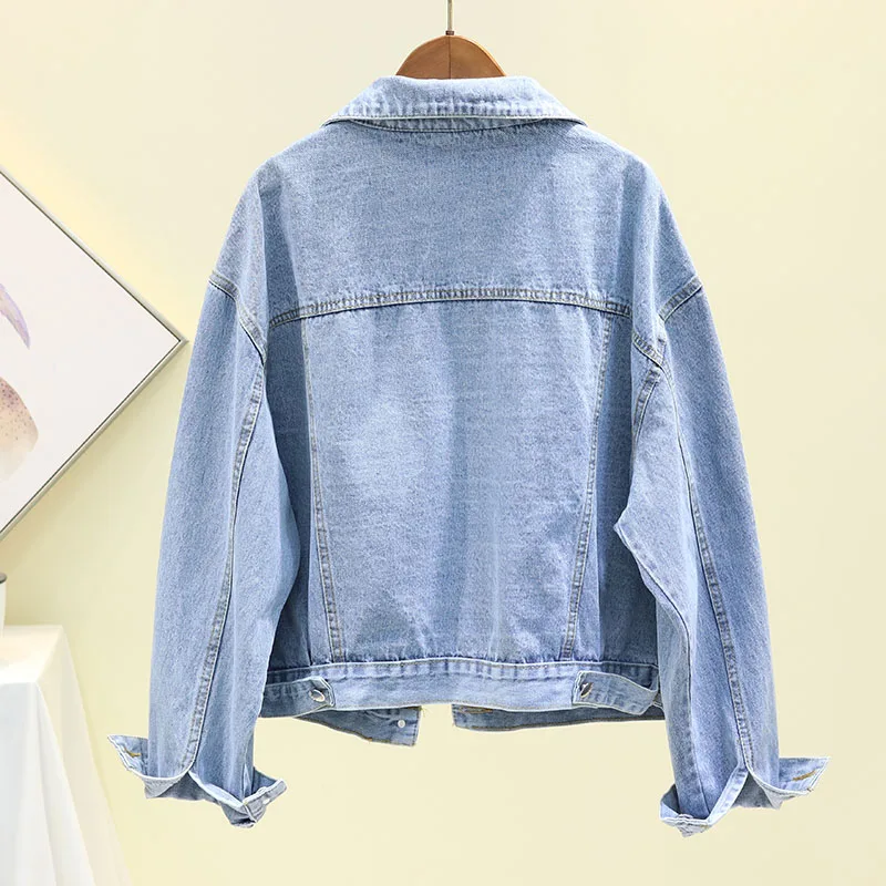 Женское джинсовое пальто свободное короткое в ковбойском стиле с бусинами и