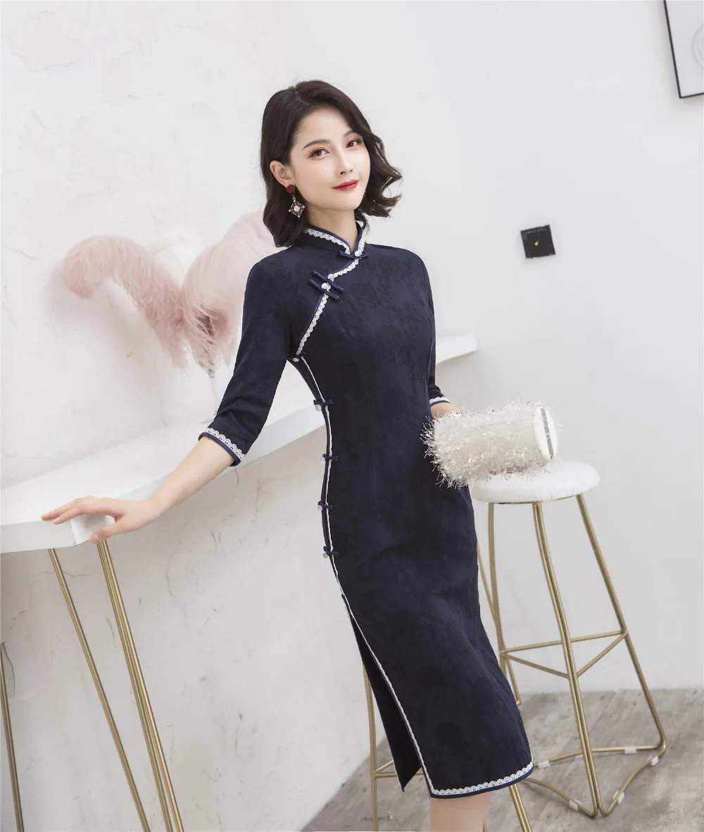 Шанхай история Половина рукава по колено cheongsam платье хлопок лен Винтаж Ципао китайское платье китайский стиль платье для женщин