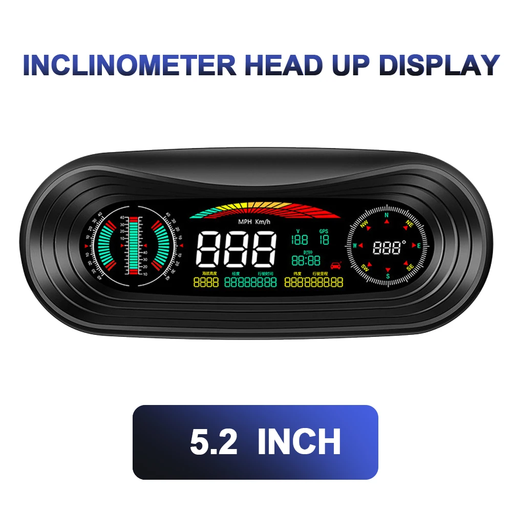 

5.2inch Car HUD Inclinometer Slope Meter Head Up Display Speedometer KMH GPS Compass Clock On Board Computer Gauges Accessories