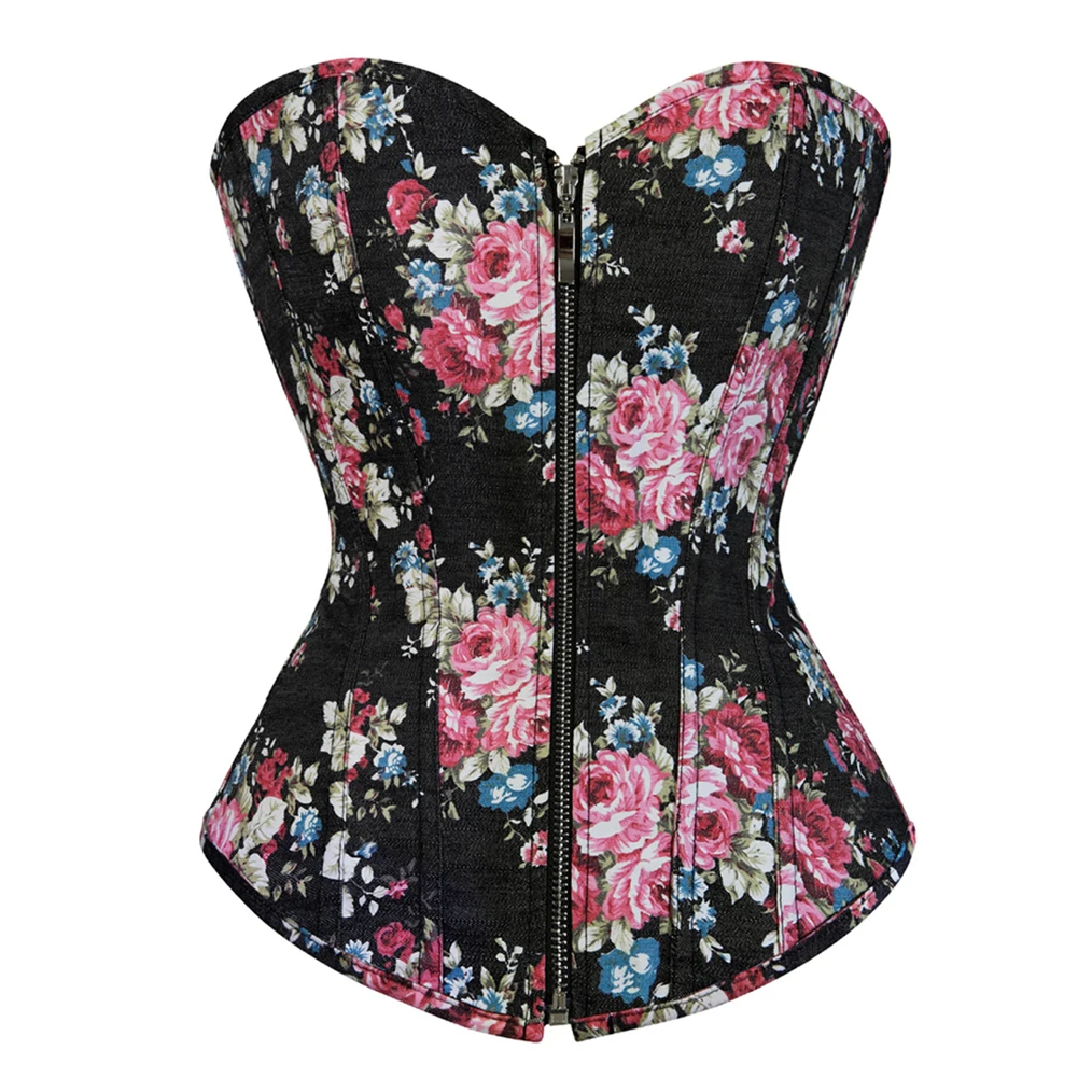 Купи Zipper Sexy Corsets Bustiers Floral Gothic Satin Lingerie Corselet Overbust Plus Size Tops For Women Flower Print Vintage Corset за 709 рублей в магазине AliExpress