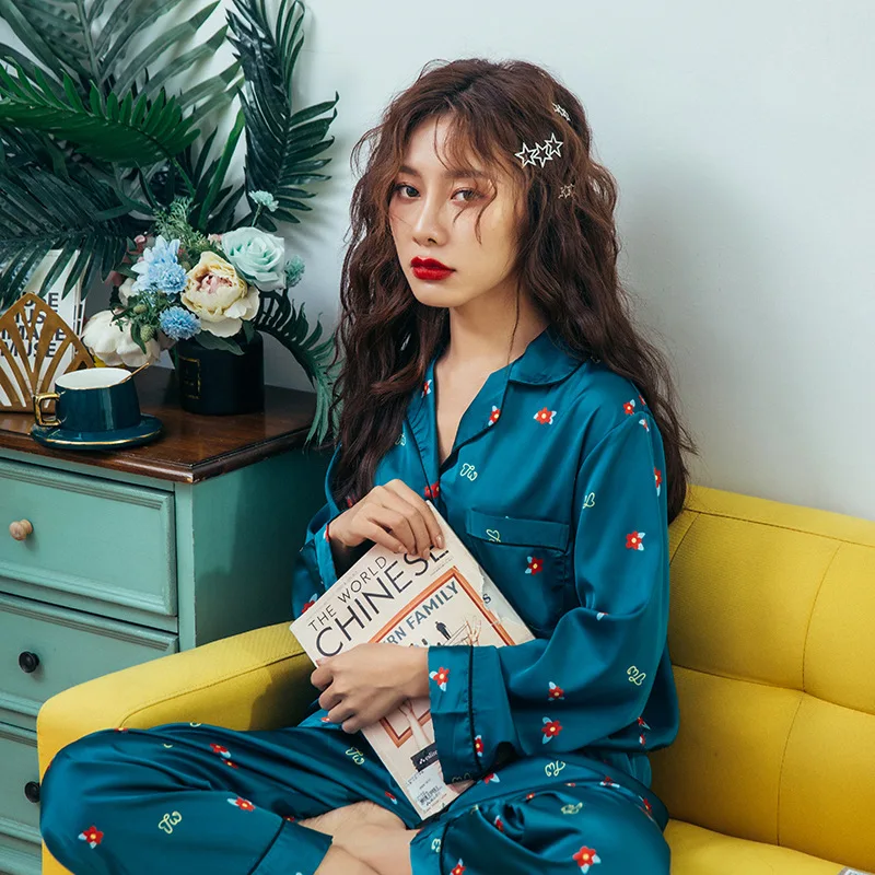 2019 Осенняя женская пижама из искусственного шелка атласная цветочный костюм с