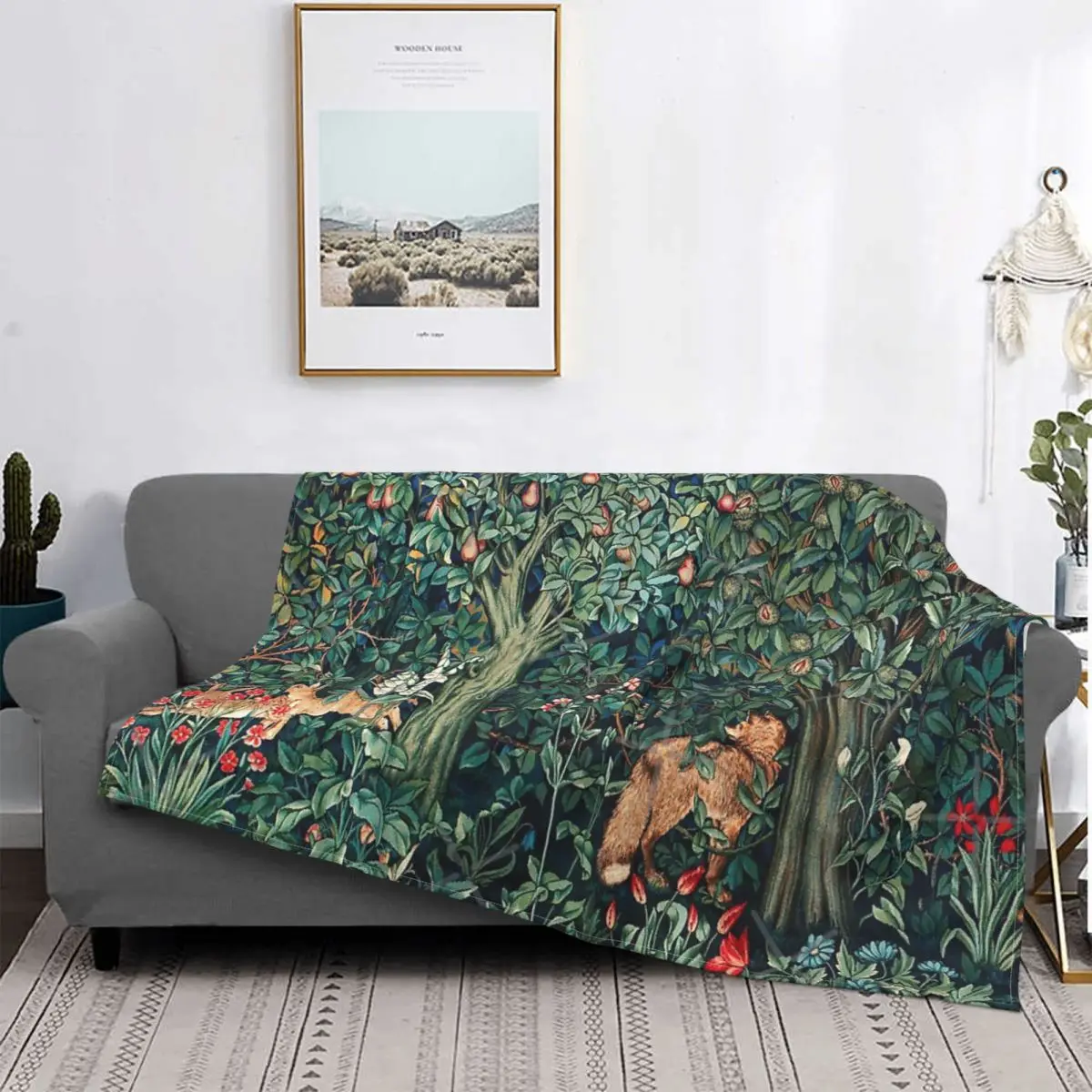 

Manta de animales del bosque, zorro y liebres, azul, verde, Floral, manta, bufanda, México