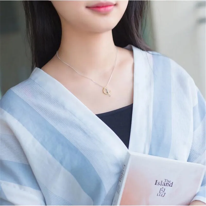 

New Animal 925 Sterling Silver Jewelry Korean Fashion Cute Cat Crescent Moon High-quality Personality Pendant Necklaces